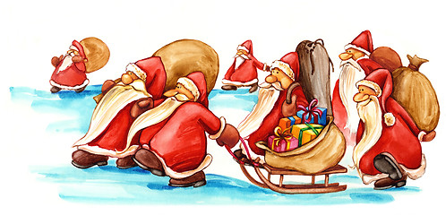 Image showing Santa Clauses with gifts