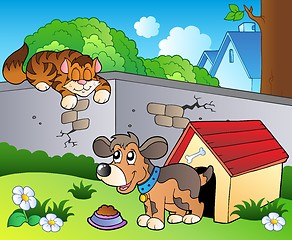 Image showing Backyard with cartoon cat and dog