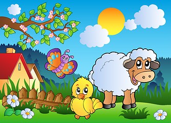 Image showing Meadow with happy spring animals