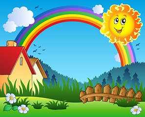 Image showing Landscape with Sun and rainbow