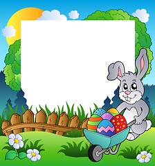 Image showing Easter frame with bunny and barrow