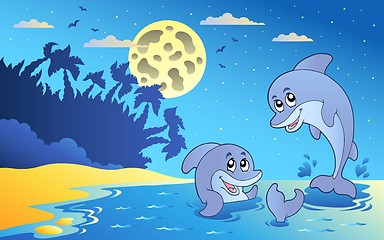 Image showing Night seascape with two dolphins