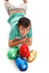 Image showing Boy with four large easter eggs
