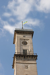 Image showing Clock tower against blue sky with clouds