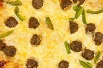 Image showing Meatball pizza-closeup