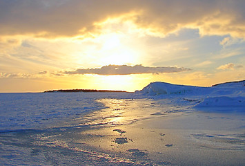 Image showing Gold Winter Frosen Sea Sunset in Finland