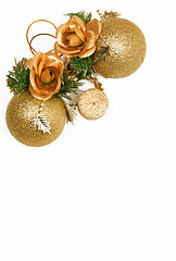 Image showing Christmas card with golden balls and candle 