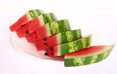 Image showing Slices of juicy watermelon served on a white plate