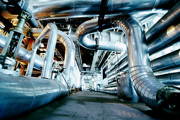 Image showing Industrial zone, Steel pipelines in blue tones  