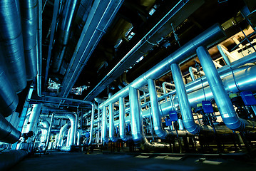 Image showing Industrial zone, Steel pipelines in blue tones  