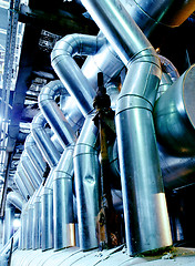 Image showing Industrial zone, Steel pipelines in blue tones  