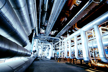 Image showing Industrial zone, Steel pipelines in blue tones  