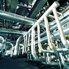 Image showing Industrial zone, Steel pipelines in blue tones  