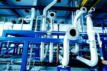 Image showing Industrial zone, Steel pipelines in blue tones  