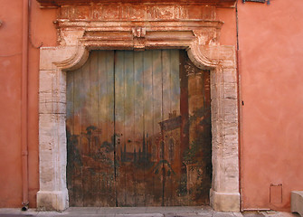 Image showing Graffiti on wooden gate - Provence, France.