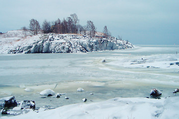 Image showing Frozen sea blue landscape with mountain in Finland