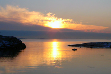 Image showing Gold Sea Sunset with Fishing Boat in Finland