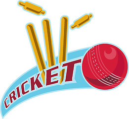 Image showing cricket ball hitting bowling over wicket