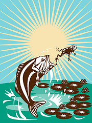 Image showing largemouth bass jumping catching a frog 