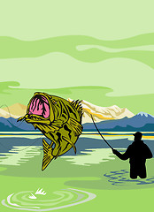Image showing Largemouth Bass Fish jumping being reeled by Fly Fisherman 