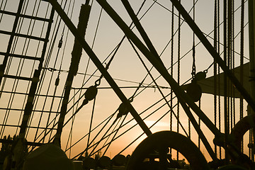 Image showing Ship's rigging in the sunset