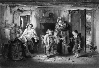 Image showing Poor Orphan Boy Begs at Cottage Door