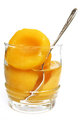 Image showing Halves of peaches in a sweet syrup in a glass