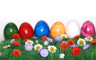 Image showing Colorful Easter eggs on a flower meadow 