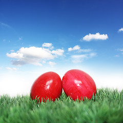 Image showing Easter eggs on green grass 