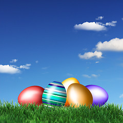 Image showing Colored Easter eggs in grass 