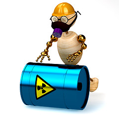 Image showing 3d wood man with a radioactive waste