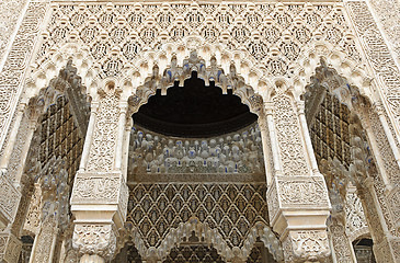 Image showing Decorated arches and columns inside the Alhambra of Granada