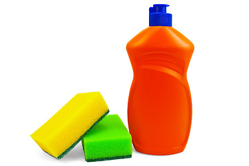Image showing Bottle of detergent and two sponges