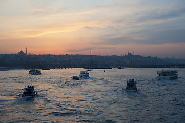 Image showing Boats on river Bosphorus at sunset