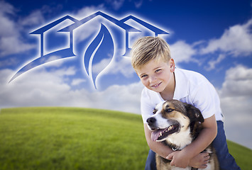 Image showing Boy and His Dog Playing Outside with Ghosted Green House Graphic