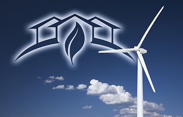Image showing Wind Turbine Over Sky, Clouds, Ghosted House and Leaf