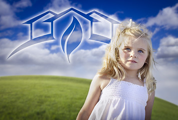 Image showing Adorable Blue Eyed Girl Playing Outside with Ghosted Green House