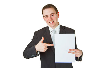 Image showing Young businessman with white paper 