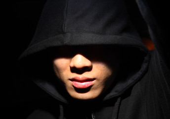 Image showing Monochrome picture of a guy in a hood 