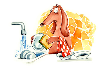 Image showing dog washing the dishes