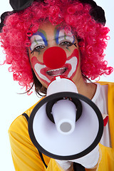 Image showing Funny clown with a megaphone