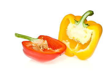 Image showing Half of red and yellow sweet peppers