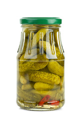 Image showing Glass jar with marinated cornichons