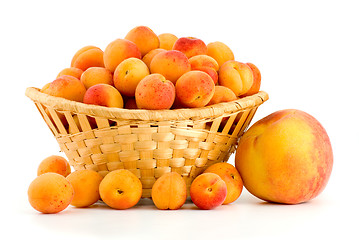 Image showing Wicker basket filled with apricots and single peach near