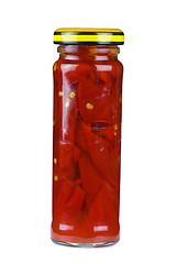 Image showing Glass jar with marinated red chili peppers