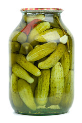 Image showing Big glass jar with home-made marinated cucumbers