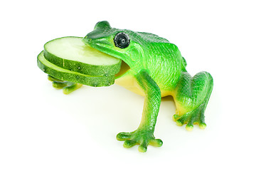 Image showing Toy frog with two cucumber slices in mouth