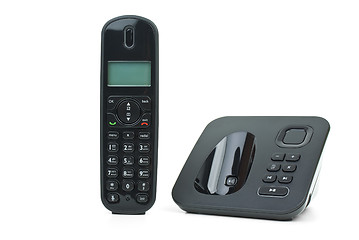 Image showing Black cordless phone handset and base unit