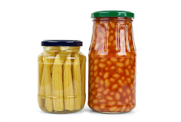 Image showing Glass jars with marinated corn ears and harricot beans