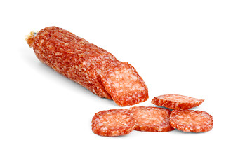 Image showing Half of salami sausage and some slices near